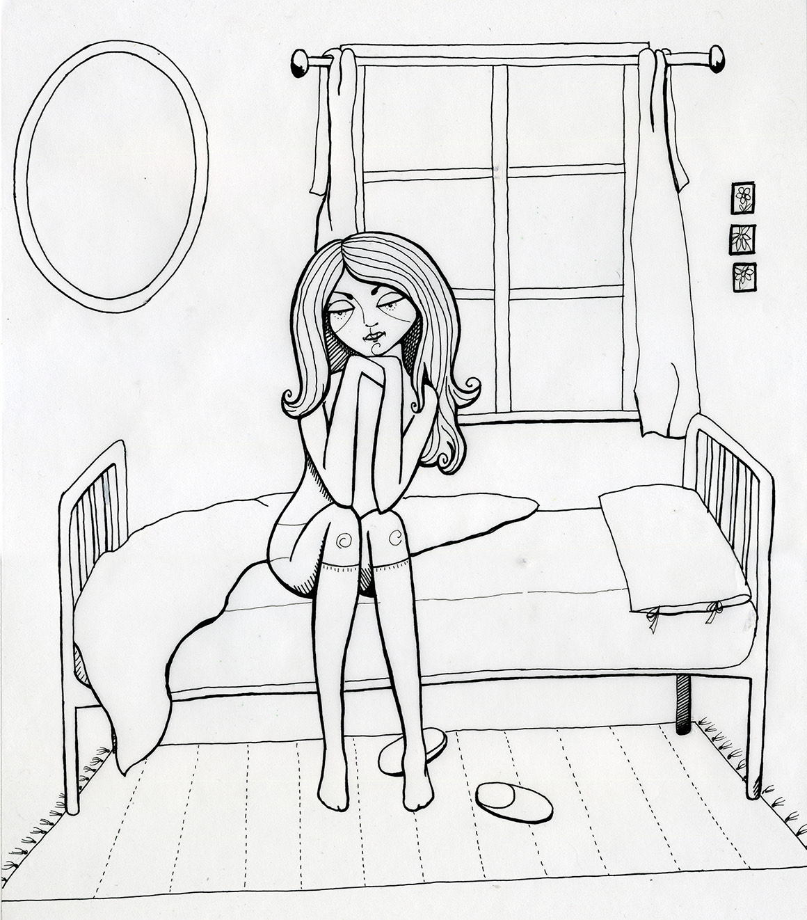 A detailed inked illustration a woman sitting on a bed in her underwear.