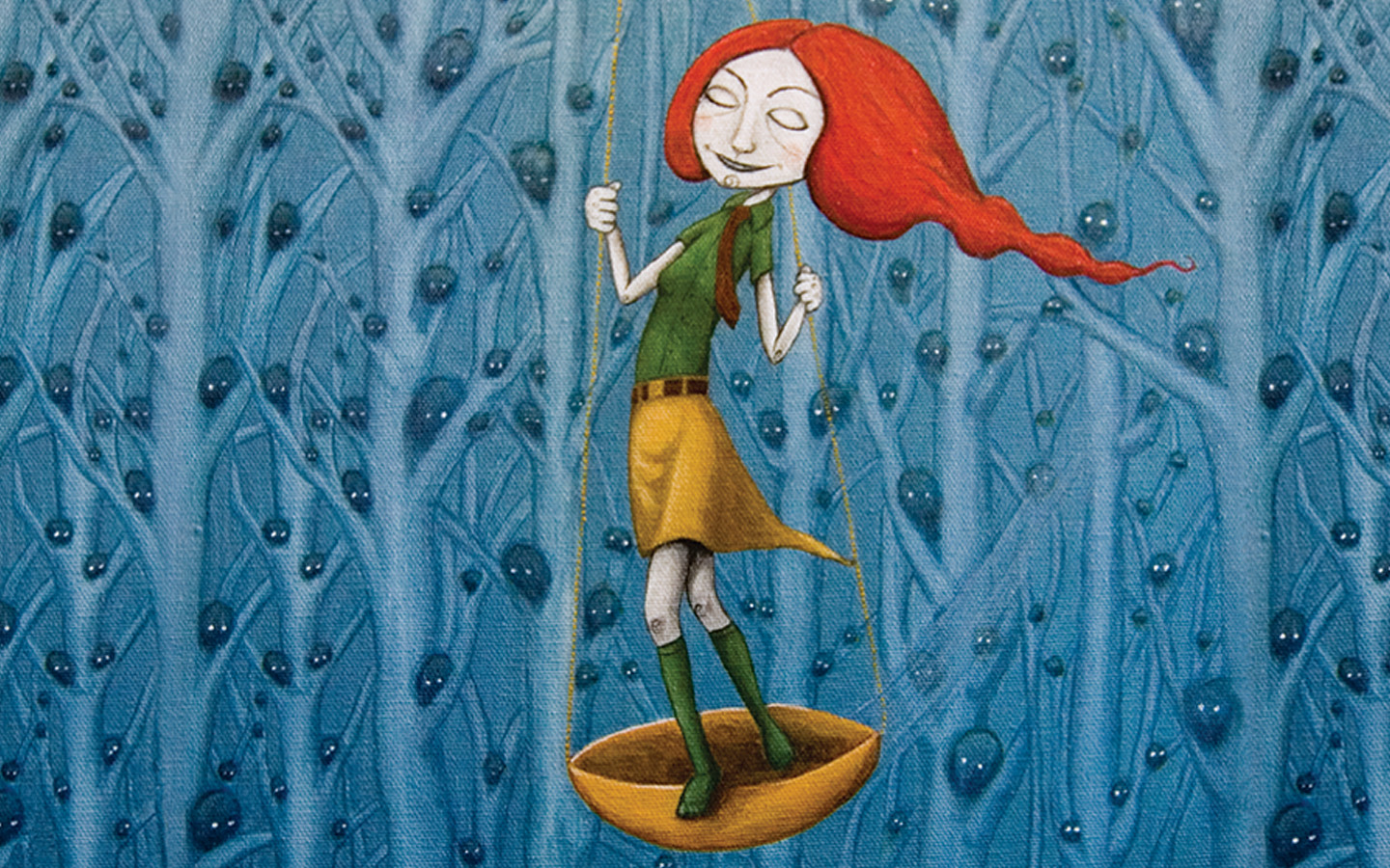 Painting in acrylics of a girl on a scale-like a swing. Swooshing by critter filled blue trees.